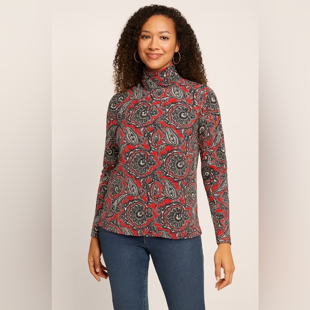 CARROLL REED | Cotton Elegant Paisley Long Sleeve Top in Red and Black